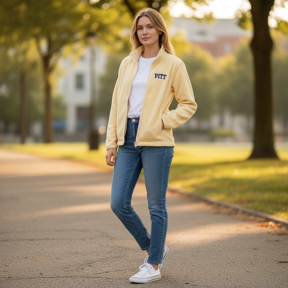 Vantage Pitt University Full Zip Fleece Jacket Yellow Women Medium Embroidered